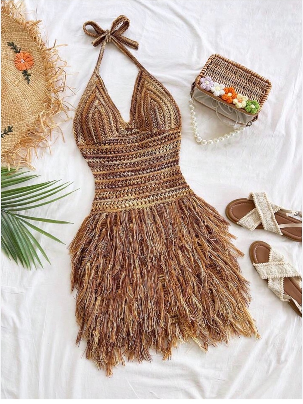 Women's Vintage Inspired Maillard Color Tassel Hem V-Neck Halter Mini Dress